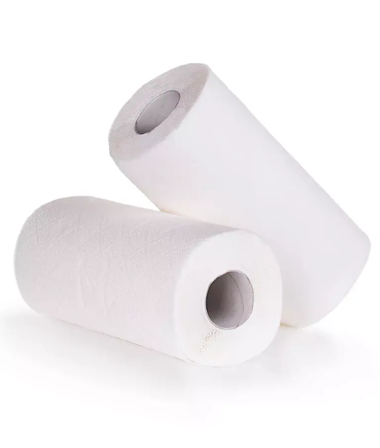 Dwa białe ręczniki papierowe w roli na białym tle